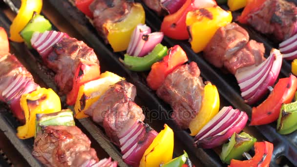 Barbacoa. Kebab shish con pimientos a la parrilla y cebolla, a la parrilla caliente — Vídeos de Stock