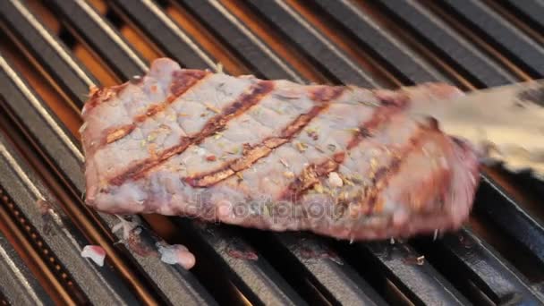 Barbecue. Grilled steak, on hot grill — Stock Video