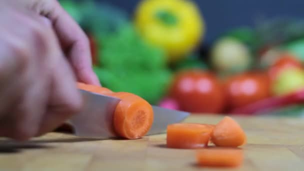 Bir kesme tahtası üzerinde taze renkli sebze doğrama — Stok video