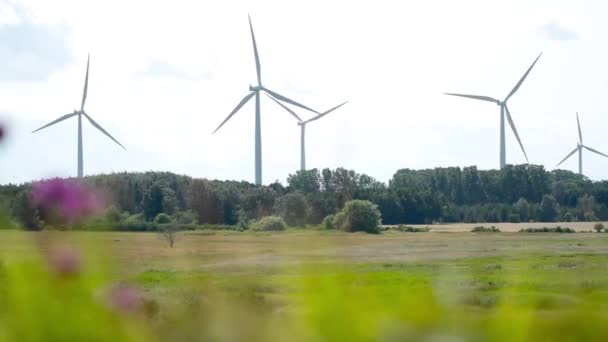 Ветроэнергетические турбины на голубом фоне неба — стоковое видео