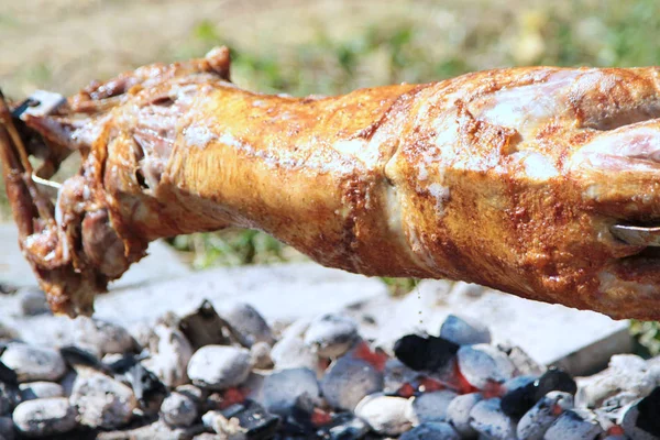 Turning roasted whole lamb on coal fire — Stock Photo, Image