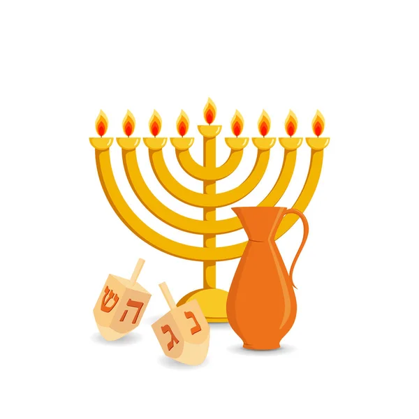 Hanukkah menorah, kandelabrum, oljekanna och dreidel — Stock vektor