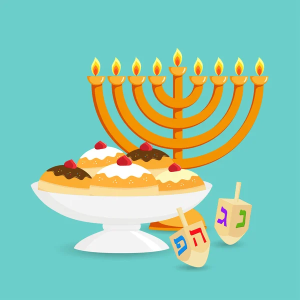 Jewish holiday of Hanukkah, sufganiyot doughnuts and candelabrum — Stock vektor