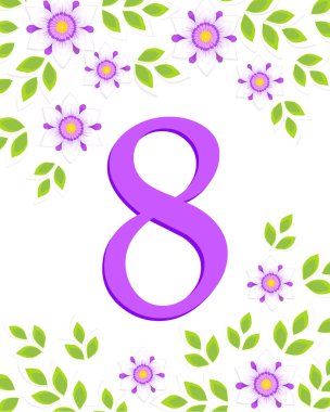 8 Mart, mutlu kadınlar günü, bahar tatili, pembe menekşeli tebrik kartı 8 numara ve çiçekli çerçeve, leylak çiçekleri ve beyaz arka planda yeşil yapraklar.