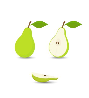 Armut, yeşil armut seti, yapraklı tam armut, yarım armut ve çeyrek armut, beyaz arka planda izole edilmiş, tasarım elementi. Vektör illüstrasyonu
