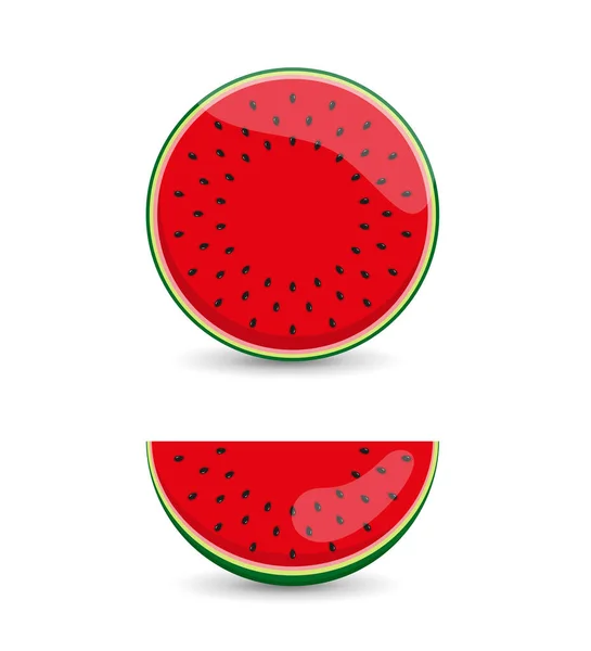 Rote Wassermelone Fruchtset Eine Halbe Wassermelone Mit Schwarzen Samen Und — Stockvektor