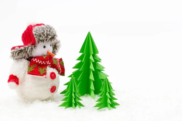 Christmas decoration, snowman with origami trees isolated on white background — Stock Photo, Image