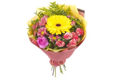 Taze çiçekler parlak buketny kompozisyon, beyaz arka plan izole.