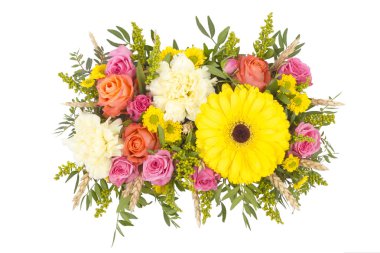 Taze çiçekler parlak buketny kompozisyon, beyaz arka plan izole.