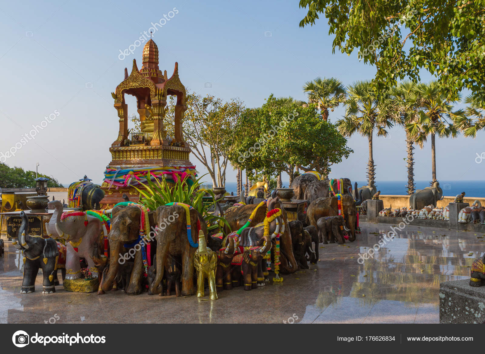 Phuket Thailand Many Big And Small Elephant Statues And Scultures From Local People At A Shrine
