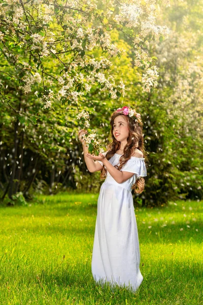Dívka Bílých Šatech Věncem Hlavě Drží Kvetoucí Strom Jasný Slunečný — Stock fotografie