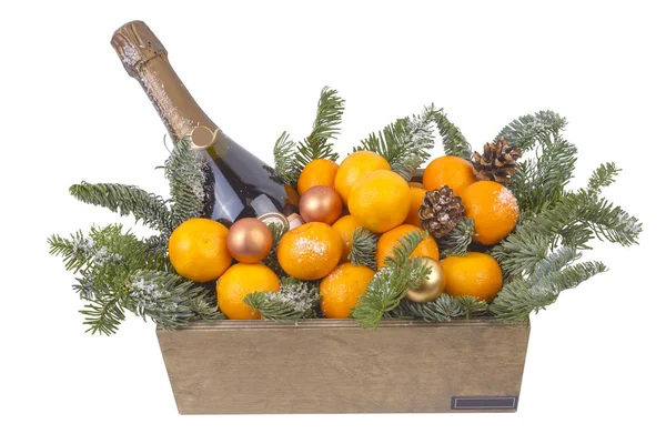 Nový rok kytice šampaňského a mandarinky — Stock fotografie