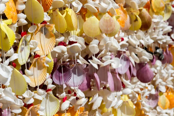 Hermoso móvil de concha de mar colgando en la tienda en venta. Artesanías producidas por la pared de conchas, recuerdos de la costa. —  Fotos de Stock