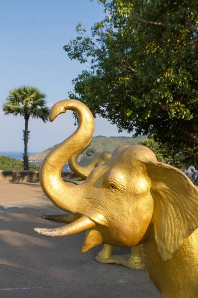 Phuket, Tayland-birçok büyük ve küçük fil heykel ve Promthep cape tapınak itibariyle yerel insanlardan scultures. Fil heykelcikleri ile gövde kadar iyi şans ve güç ve gücü temsil. — Stok fotoğraf