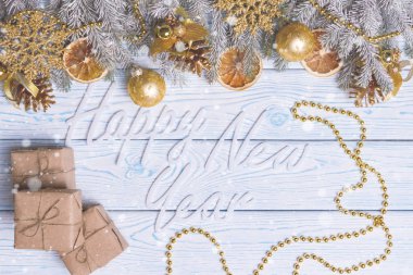 Noel kompozisyon. Noel, kış, yeni yıl kavramı. Üstten Görünüm