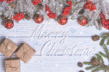 Noel kompozisyon. Noel, kış, yeni yıl kavramı. Üstten Görünüm