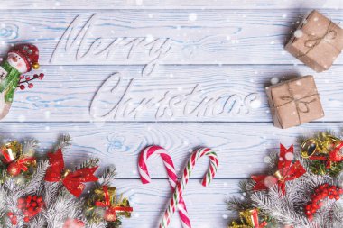 Noel kompozisyon. Noel, kış, yeni yıl kavramı. Üstten Görünüm