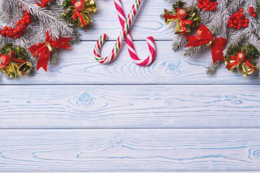 Noel kompozisyon. Noel, kış, yeni yıl kavramı. Üstten Görünüm