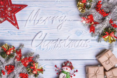 Noel kompozisyon. Noel, kış, yeni yıl kavramı. Üstten Görünüm