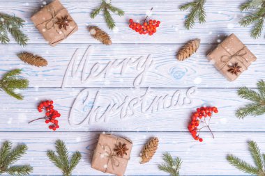 Noel kompozisyon. Noel, kış, yeni yıl kavramı. Üstten Görünüm