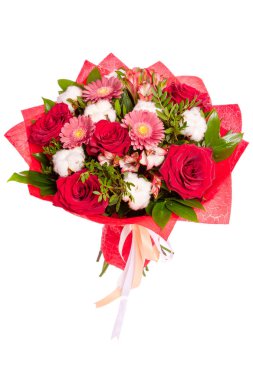 Taze çiçekler parlak buketny kompozisyon, beyaz arka plan izole.