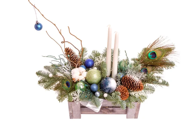 Christmas Holiday Bouquet of Flowers in a Sleigh Basket on white background. — Stok fotoğraf