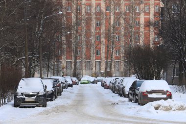 Karla kaplı park edilmiş arabalar.
