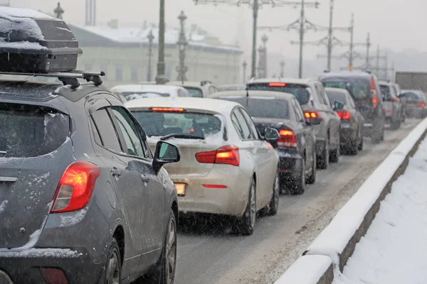 Cars Stuck Traffic Snowfall Stock Photo