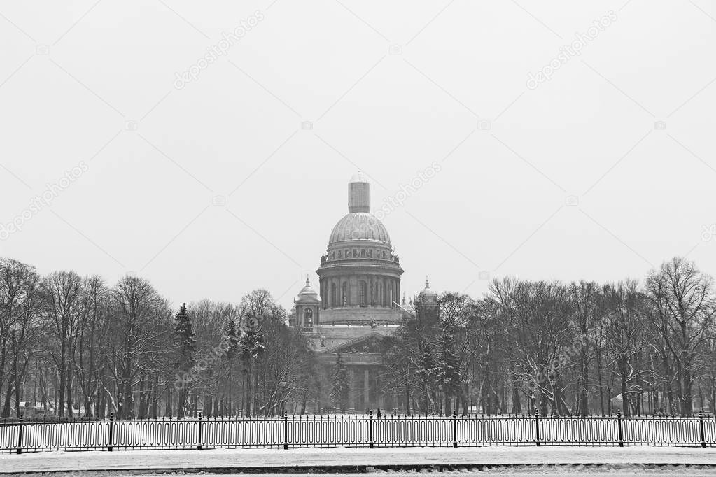 Russia, St. Petersburg, view of St. Isaac's Cathedral during the snowstorm, black and white image