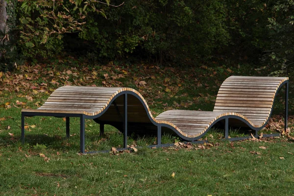 Curved Bench Wooden Slats Autumn Park Bushes — Stock Photo, Image