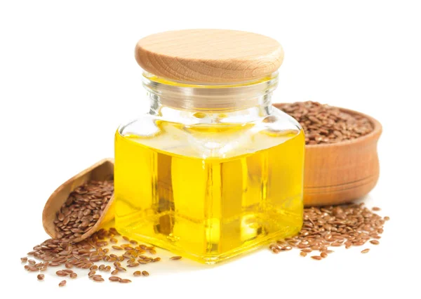 Linseed oil in bottle isolated on white — Stock Photo, Image