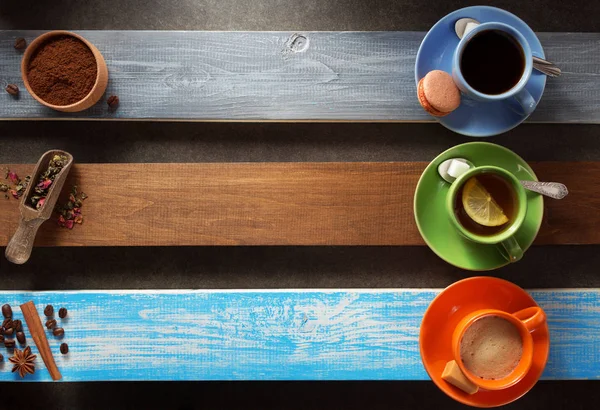 Taza de café y té en madera — Foto de Stock