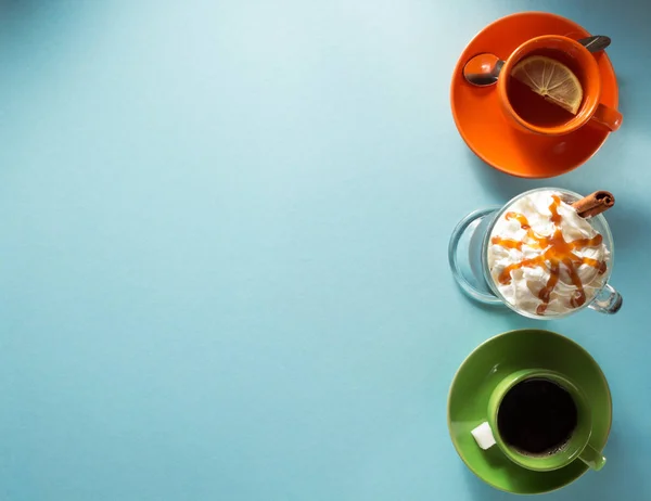 Kopje koffie, thee en frappe — Stockfoto