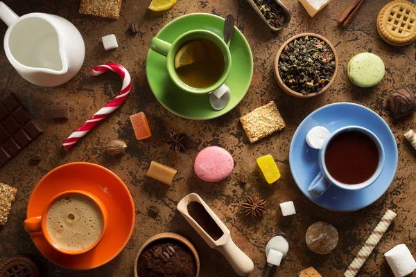 Cup of coffee, tea and cacao — Stock Photo, Image