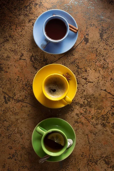 Cups of coffee, tea and cacao — Stock Photo, Image