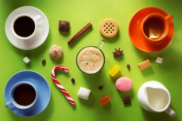 Cups of coffee, tea and cacao — Stock Photo, Image