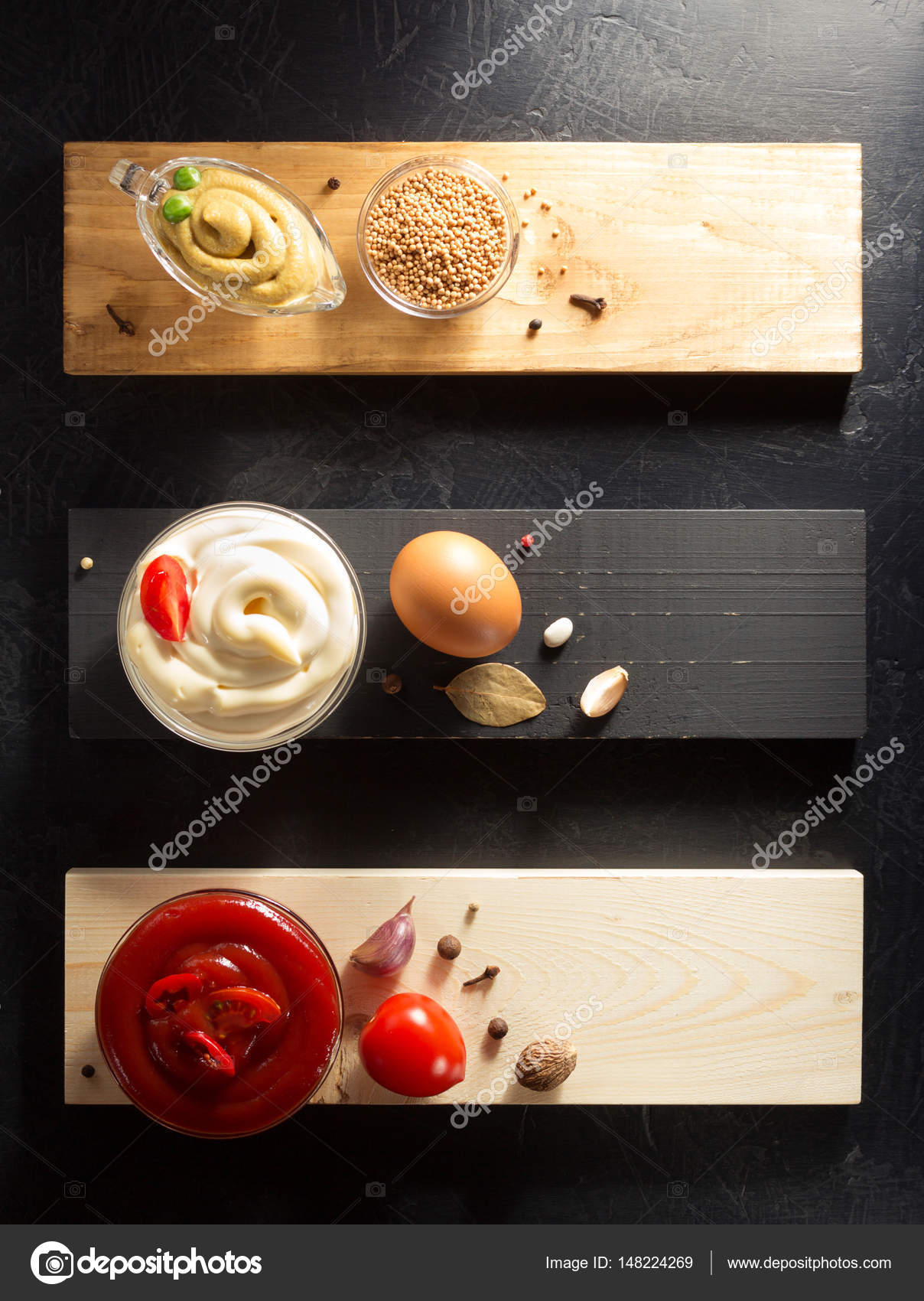 Tomato sauce, mayonnaise and mustard in bowls — Stock Photo © seregam