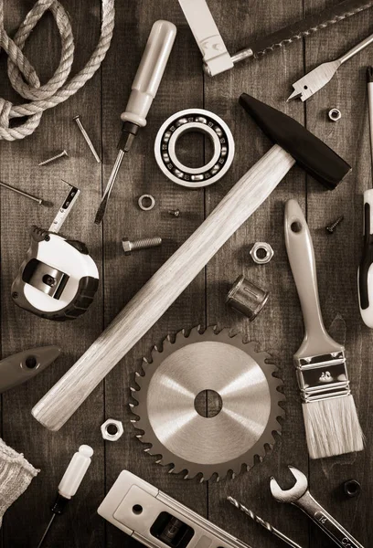 Έργο εργαλεία και μέσα στο ξύλο — Φωτογραφία Αρχείου