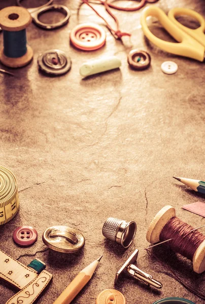 Sewing tools and accessories on table — Stock Photo, Image