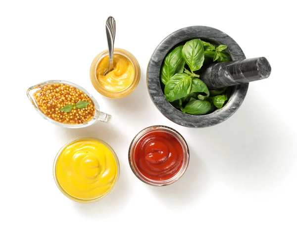 Set of dip sauces and spices  on white — Stock Photo, Image