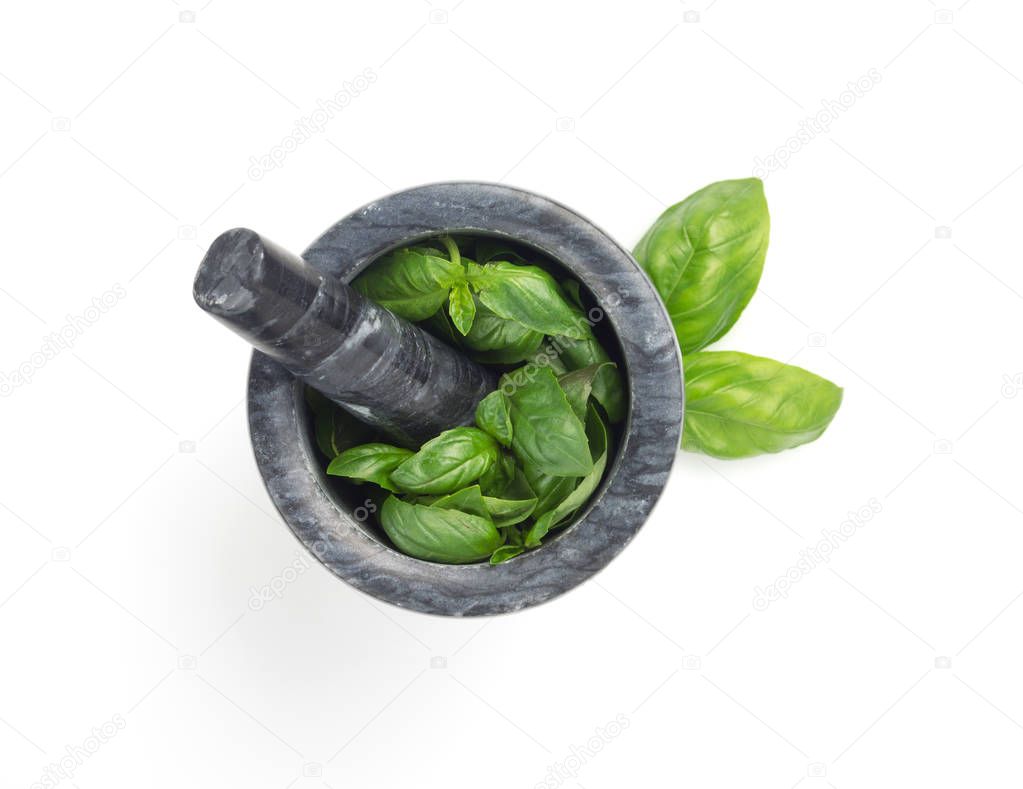 basil in mortar on white background