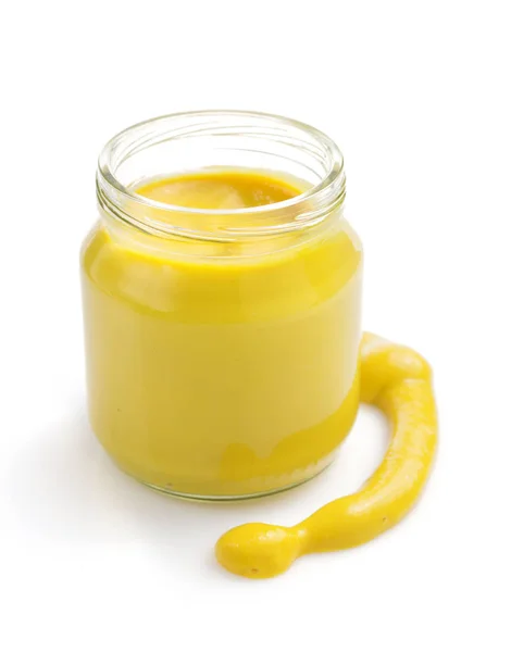 Molho de mostarda em jarra em branco — Fotografia de Stock