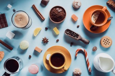 kahve, çay ve mavi arka plan, kakao fincan