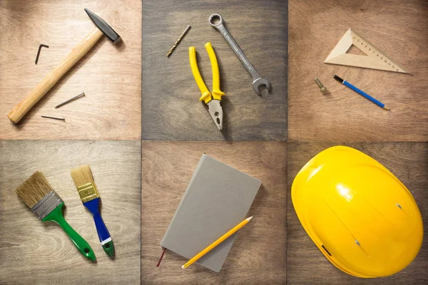 Set of tools at wooden background — Stock Photo, Image