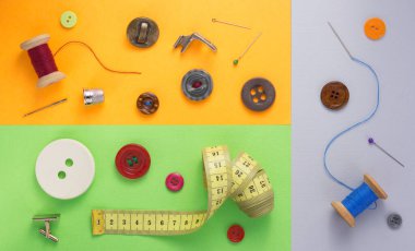 Kağıt arkaplan dokusu, üst görünüm dikiş araçları ve aksesuarları