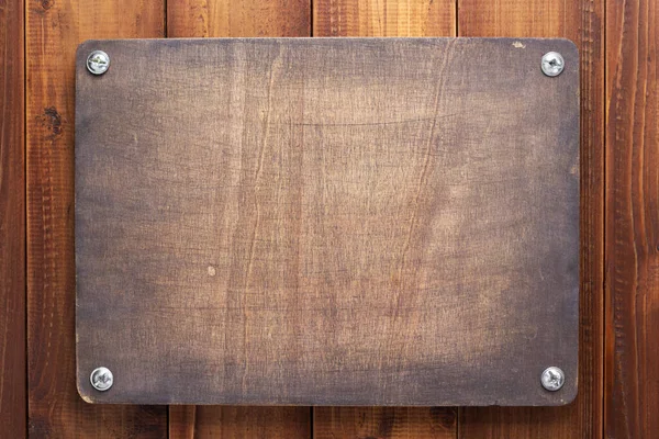 Tabliczka Znamionowa Lub Tabliczka Ścienna Drewnianej Powierzchni Tekstury Śrubami — Zdjęcie stockowe