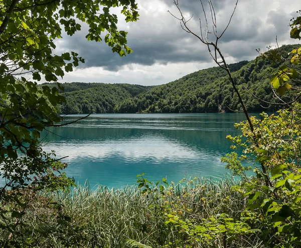 Eine fantastische Landschaft eines azurblauen Sees, umgeben von grünen Hügeln, die sich durch Äste der Bäume öffnen. — Stockfoto