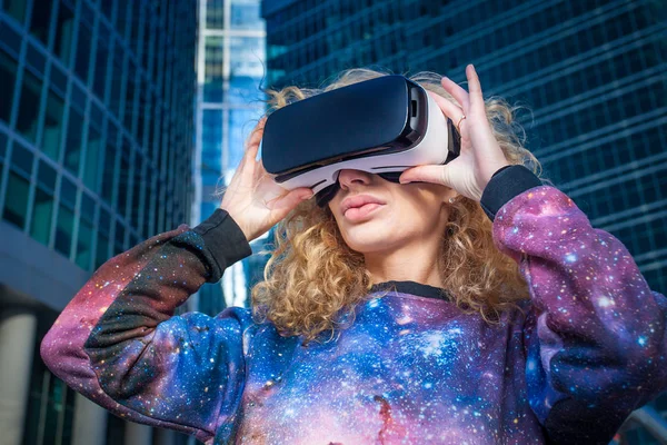 stock image Modern girl in virtual reality glasses