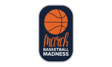 March Madness basketbol vektör logosu ve arka planı. Ulusal öğrenci basketbol turnuvası. Harf ve oyun topu ile tasarım