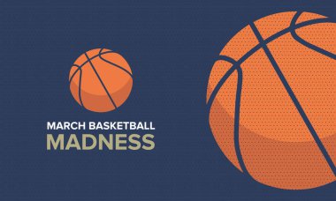 March Madness basketbol vektör logosu ve arka planı. Ulusal öğrenci basketbol turnuvası. Harf ve oyun topu ile tasarım